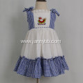 blue-white check poplin fabric embroidered baby dress